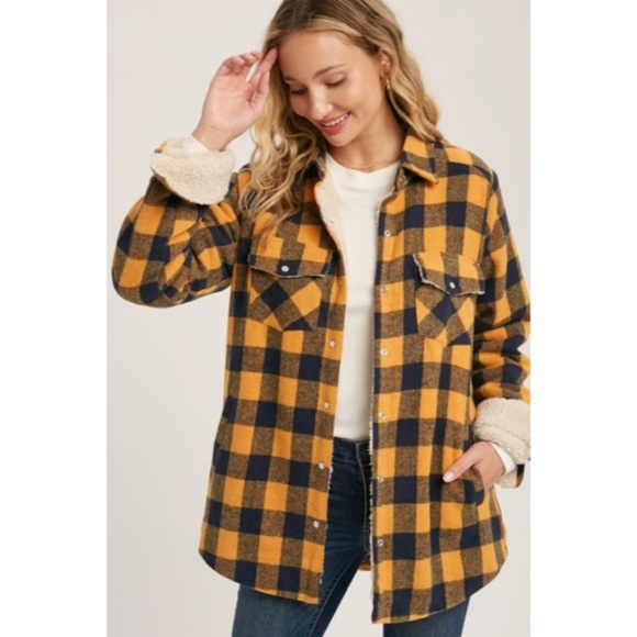 SOLD OUT Mustard Buffalo Plaid Sherpa Lined Shacket Shirt Jacket - Picture 2 of 6